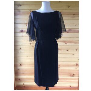 Vintage 60s Black Sheer Flutter Sleeve Cape LBD Sheath Cocktail Dress S/M